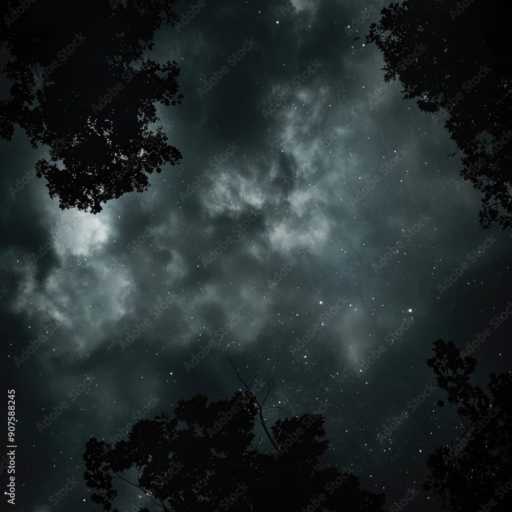 A spooky night sky with haunting clouds, dim stars, and shadowy shapes lurking in the darkness. A spooky night sky with haunting clouds, dim stars, and shadowy shapes lurking in the darkness.