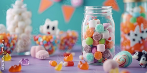 Colorful Candy Jar With Festive Decor and Sweet Treats on a Vibrant Table