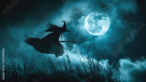 A dark, foreboding sky with storm clouds, a full moon, and the silhouette of a witch on a broomstick. 