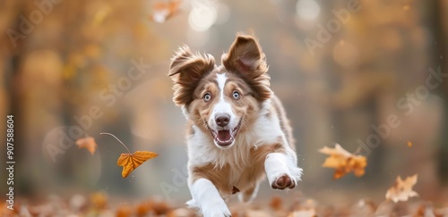 Joyful Dog Running Through Autumn Leaves in a Park During Golden Hour