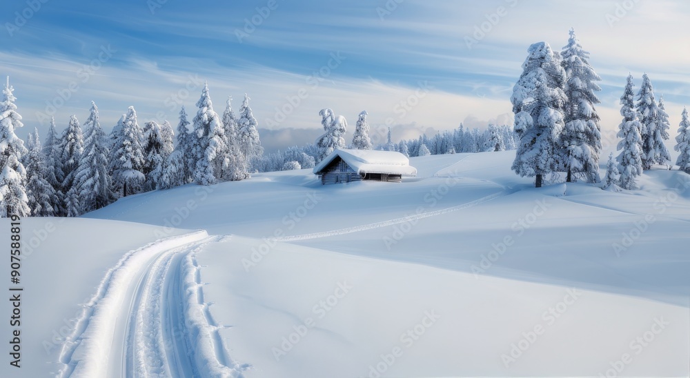 Snow-Covered Cabin Surrounded by Majestic Pine Trees in Winter Daytime Snow-Covered Cabin Surrounded by Majestic Pine Trees in Winter Daytime