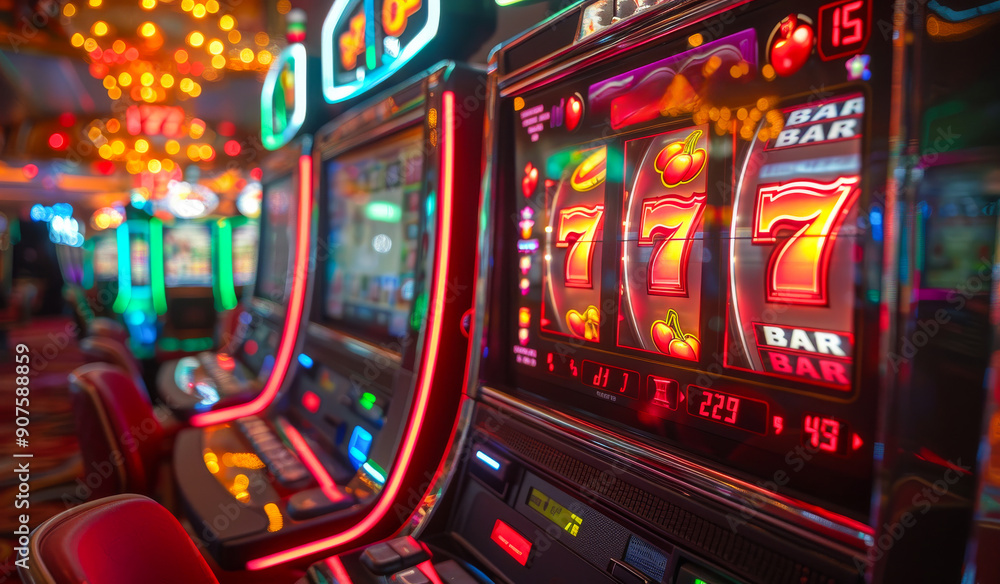 Brightly Lit Slot Machines With Jackpot Symbols in Casino Atmosphere Brightly Lit Slot Machines With Jackpot Symbols in Casino Atmosphere