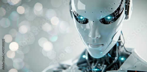 Futuristic Female Android With Luminous Facial Markings in a High-Tech Enviro...