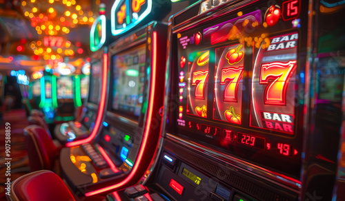 Brightly Lit Slot Machines With Jackpot Symbols in Casino Atmosphere