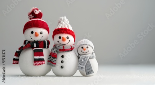 Cheerful Snowmen Dressed in Winter Gear on a Soft White Background