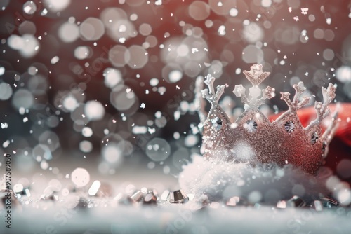 Christmas Santa Hat on Glittery Surface Surrounded by Snowflakes and Bokeh Li...