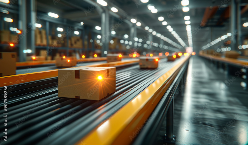 Packages Moving on Conveyor Belt in Modern Warehouse During Daytime. Boxes are being transported efficiently on a conveyor belt in a spacious warehouse Packages Moving on Conveyor Belt in Modern Warehouse During Daytime. Boxes are being transported efficiently on a conveyor belt in a spacious warehouse