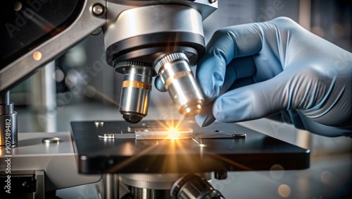 Close-up shot of microscope with metal lens at laboratory.