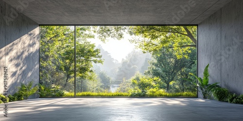 3d render of empty concrete room with large window on nature background, Generative AI