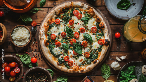 Fragrant thin crust pizza with spinach, tomatoes and cheese, decorated with basil leaves