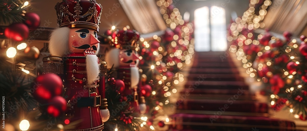 Naklejka premium A festive staircase adorned with nutcracker soldiers, sparkling lights, and vibrant Christmas decorations, creating a warm holiday atmosphere.