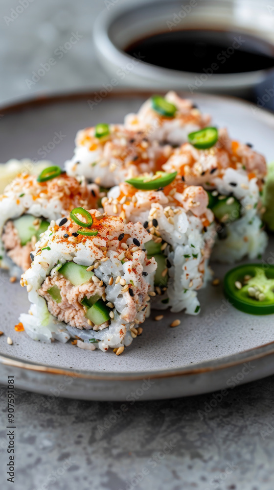 Delight in the classic flavors of spicy tuna rolls featuring finely chopped tuna mixed with spicy mayo and crunchy cucumber, all topped with sliced jalapeños and a sprinkle of sesame seeds Delight in the classic flavors of spicy tuna rolls featuring finely chopped tuna mixed with spicy mayo and crunchy cucumber, all topped with sliced jalapeños and a sprinkle of sesame seeds