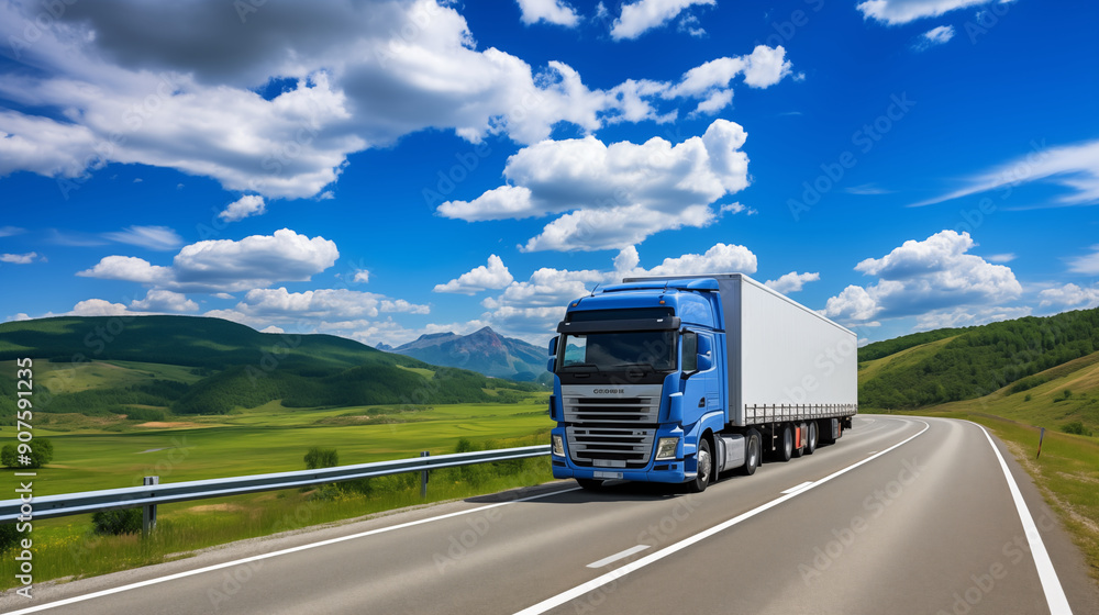 Photo of European truck on motorway in blue sky. Photo of European truck on motorway in blue sky.