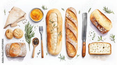 collection of bread, watercolor illustration of baking elements baker bread and tools baking tools, bakery, baker  photo