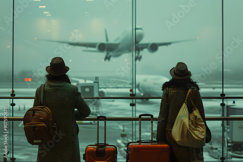 Two tourists with their suitcases watching a plane take off photo