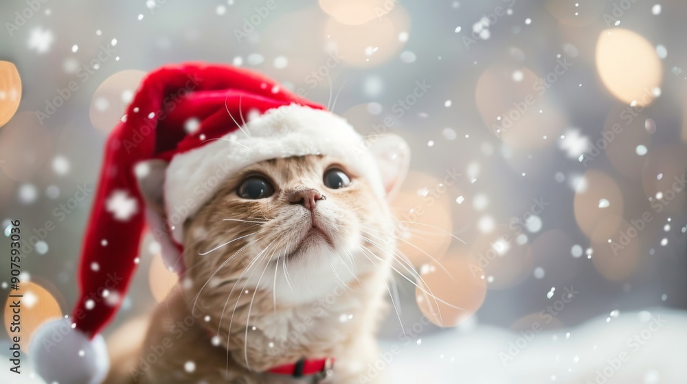 Adorable Scottish Fold Cat in Santa Hat with Snowflakes - Festive Christmas Themed Close-Up Adorable Scottish Fold Cat in Santa Hat with Snowflakes - Festive Christmas Themed Close-Up