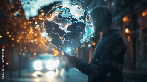 people holding mobile phones with a photorealistic image of the globe that represents global communications and technology in an interconnected world.
