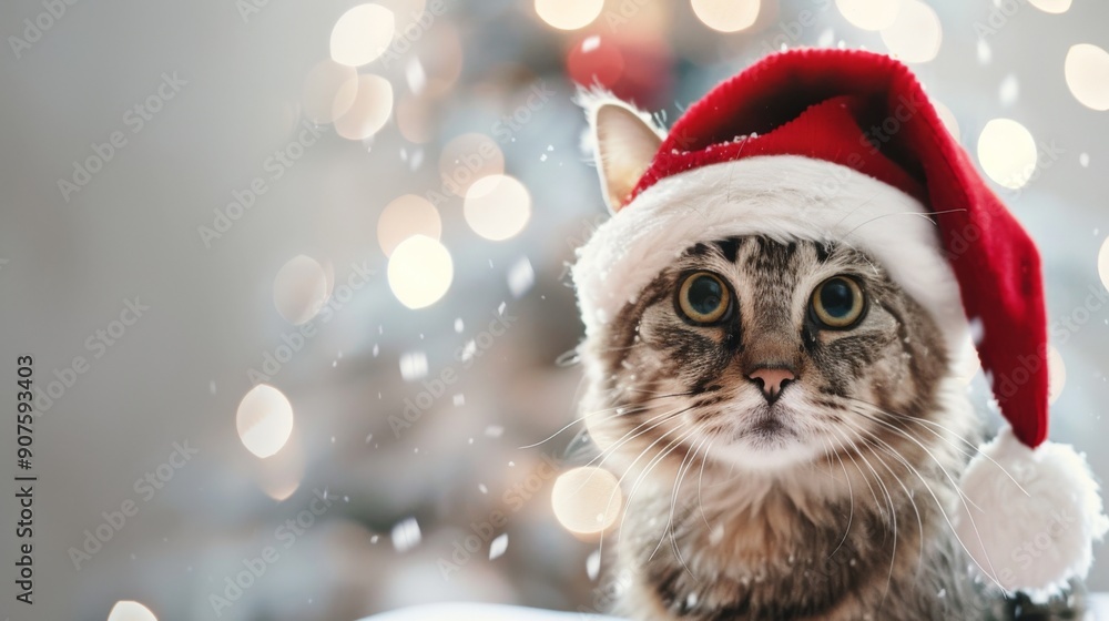 Cute Scottish Fold Cat Wearing Santa Hat with Festive Bokeh Lights for Christmas Celebration Cute Scottish Fold Cat Wearing Santa Hat with Festive Bokeh Lights for Christmas Celebration