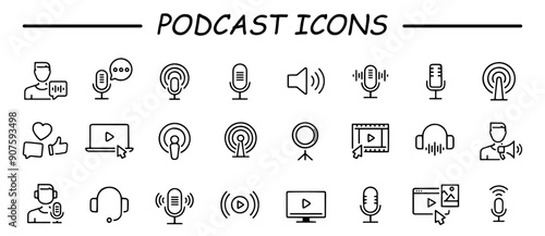 Podcast icon set. Containing audio, microphone, record, podcasting, broadcasting and entertainment icons.