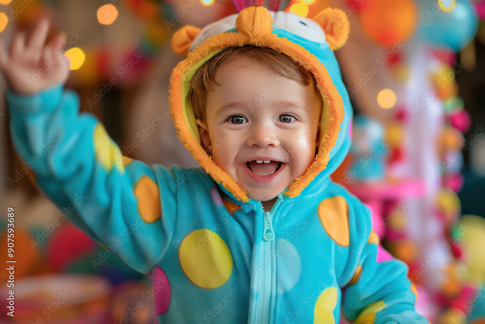 Close-up portrait of A child in a bright and playful animal onesie, lovely sweet curious cheerful cheery smart clever girl having fun at a children’s party with colorful decorations Close-up portrait of A child in a bright and playful animal onesie, lovely sweet curious cheerful cheery smart clever girl having fun at a children’s party with colorful decorations