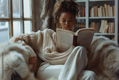 Close-up of A Fashionable confident woman wearing in a luxurious cashmere sweater and chic trousers, trendy, reading a book in a stylish, upscale apartment. Studio fashion portrait photo