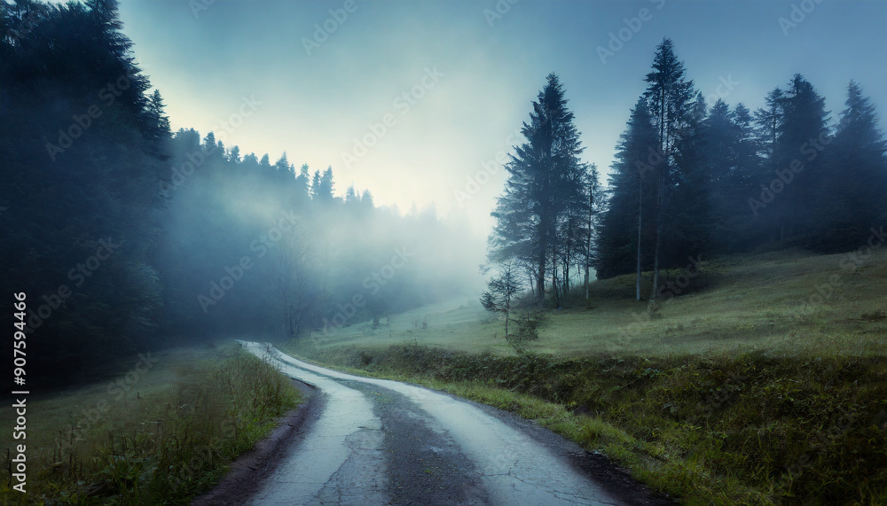 Scenic dark mystic landscape with road, scary forest and misty fog in morning. Adventure and travel Scenic dark mystic landscape with road, scary forest and misty fog in morning. Adventure and travel