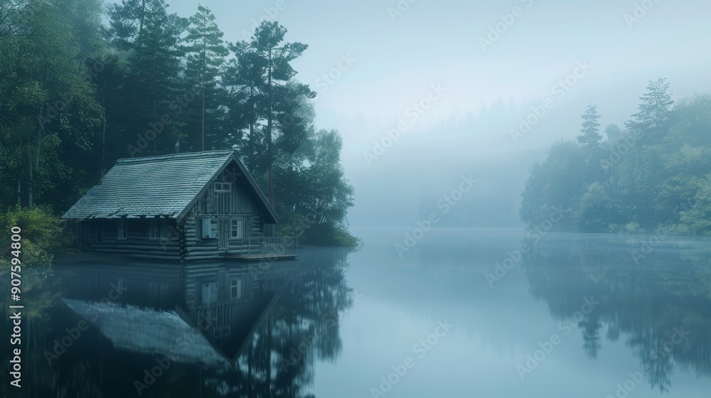 Fototapeta premium Wooden Cottage on Foggy Lake