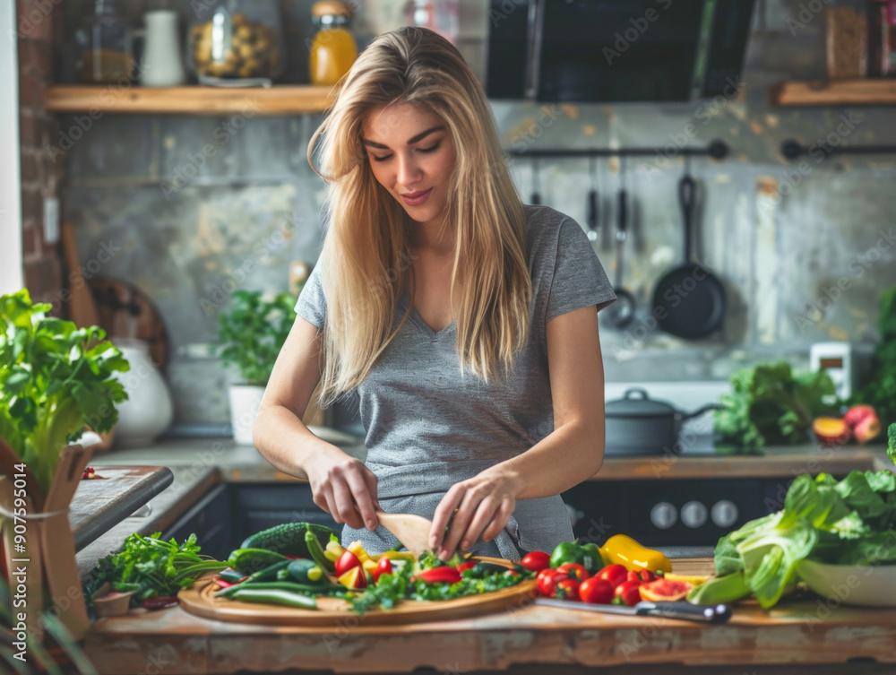 A woman is cutting vegetables on a wooden cutting board in a kitchen A woman is cutting vegetables on a wooden cutting board in a kitchen