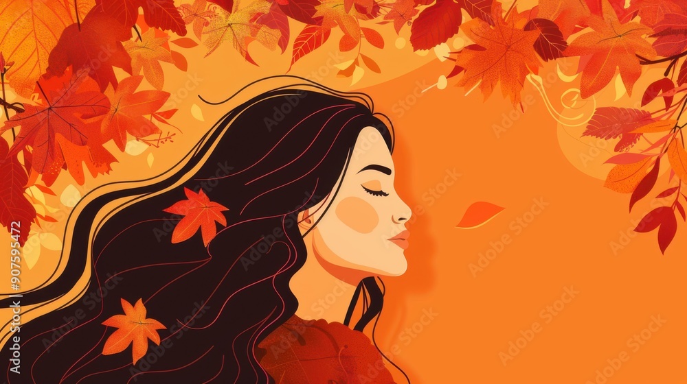 Chinese minimalism illustration, silhouette portrait of a woman with long wavy hair, flat illustration Chinese figure illustration on warm orange background, framed by autumn leaves Chinese minimalism illustration, silhouette portrait of a woman with long wavy hair, flat illustration Chinese figure illustration on warm orange background, framed by autumn leaves