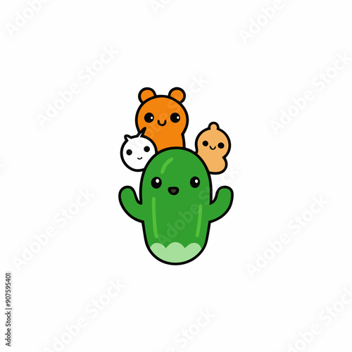 sticker design of A cactus with cute animal companions