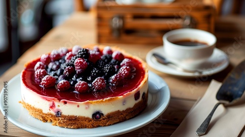 a cake with white cream decorated with berries.