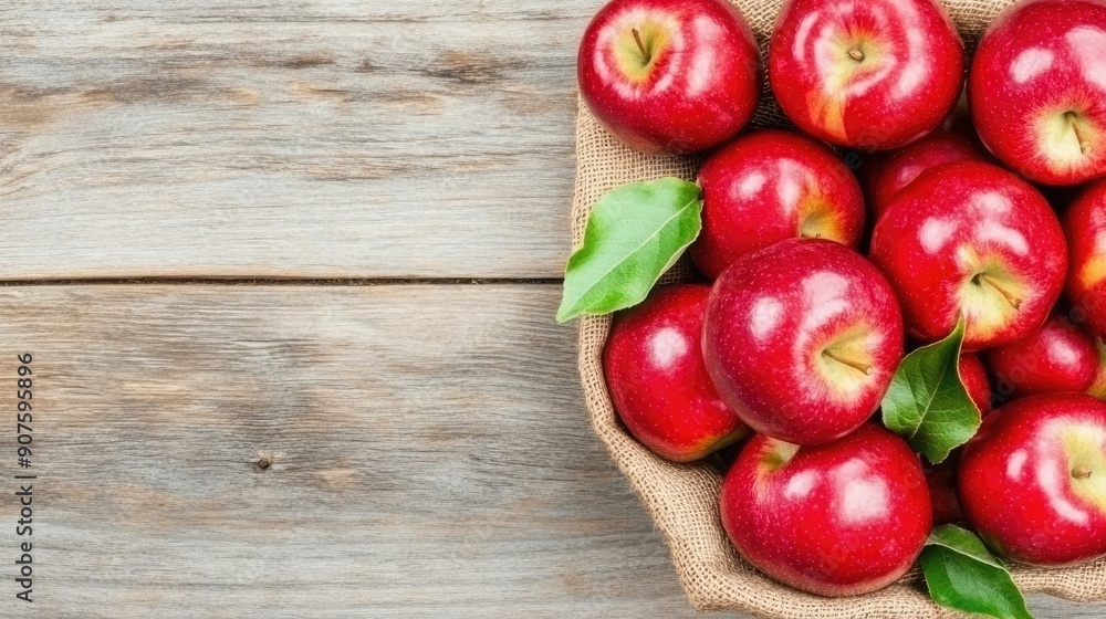 Fresh Red Apples Gathered in a Natural Basket on Wooden Surface Fresh Red Apples Gathered in a Natural Basket on Wooden Surface