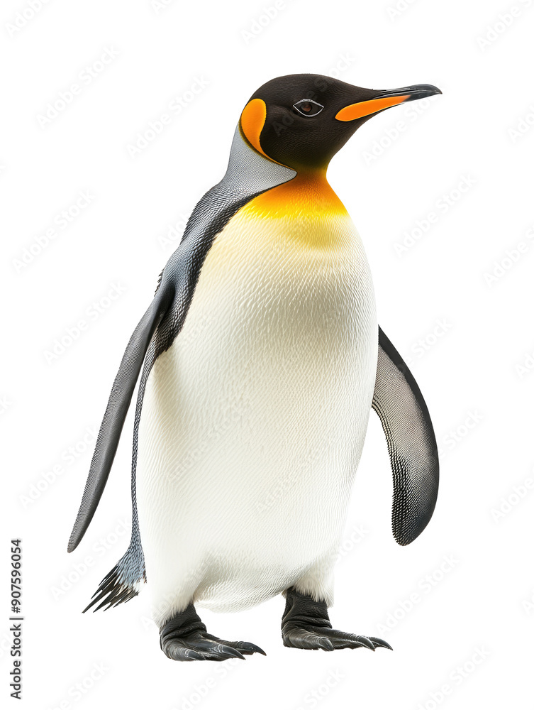 Fototapeta premium A majestic King Penguin with its sleek black and white body and a distinctive yellow-orange throat stands alertly, making a striking pose in the image.