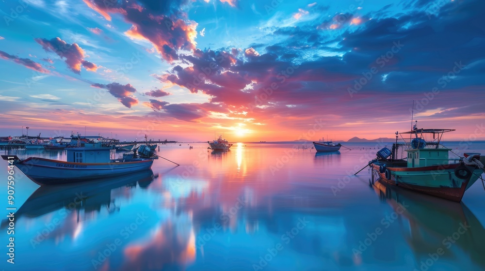 A tranquil sunset over a quiet harbor with fishing boats moored A tranquil sunset over a quiet harbor with fishing boats moored