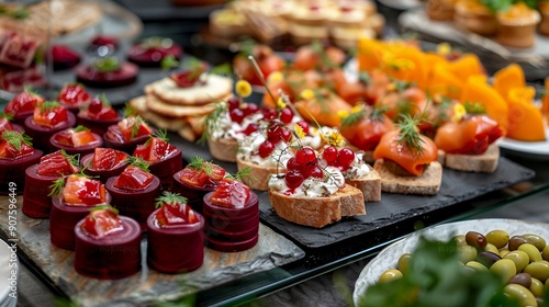 Vibrant Appetizers Platter with Red Beet Slices and Fresh Breadsticks