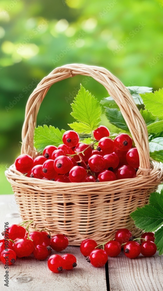 Freshly Harvested Red Currants in a Woven Basket Surrounded by Green Foliage Freshly Harvested Red Currants in a Woven Basket Surrounded by Green Foliage