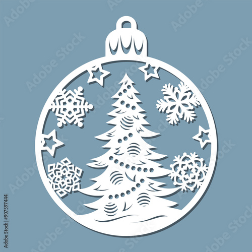 Christmas bauble with tree, laser cut Christmas and New Year decor template.