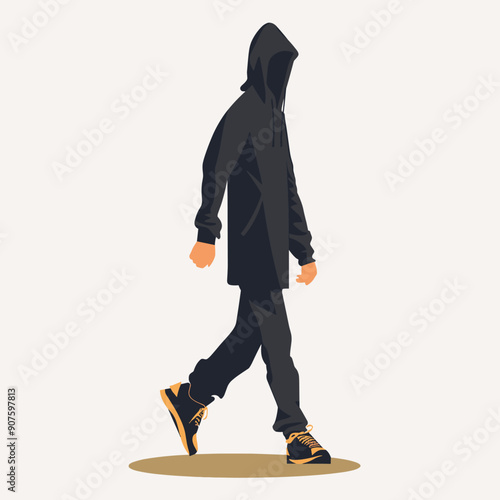 Young male walking hoodie black sportswear illustration. Isolated white background. Moody silhouette outfit. Young man wearing black hoodie walking graphic, attire
