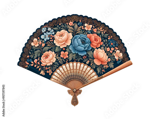 Japanese traditional handheld fan elegant artistic floral designs isolated on transparent background
