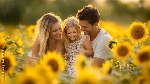 A happy family of three enjoying time together in a field of sunflowers. The parents and their young daughter are smiling and bonding, surrounded by vibrant yellow flowers under warm sunlight.