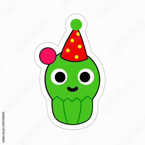 sticker design of A cactus with a festive holiday hat