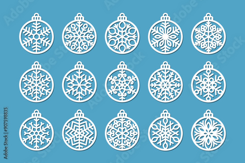 Laser cut Christmas baubles, Christmas New Year decorations set.
