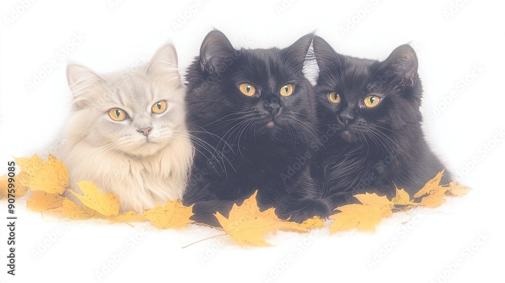 Three Cats With Golden Eyes Sitting Among Autumn Leaves Three Cats With Golden Eyes Sitting Among Autumn Leaves
