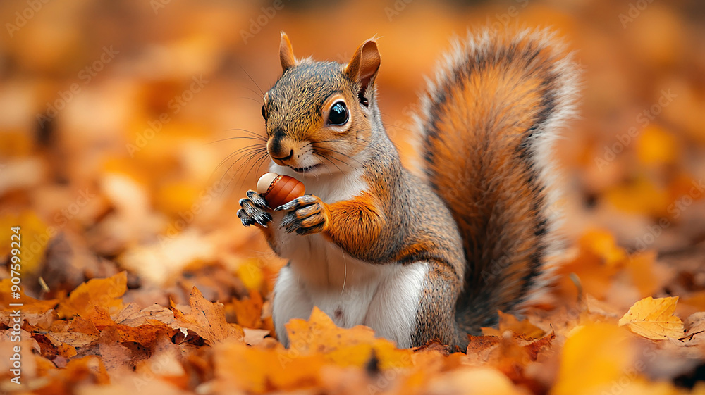 Close-up of a squirrel holding an acorn, with a background of scattered leaves Close-up of a squirrel holding an acorn, with a background of scattered leaves