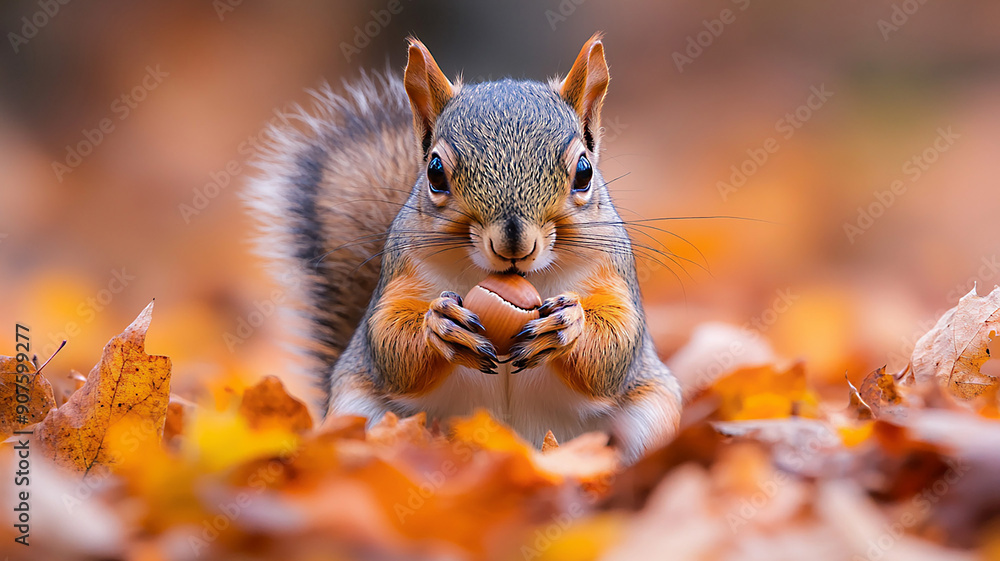 Squirrel nibbling on an acorn while sitting in a pile of leaves, high-resolution Squirrel nibbling on an acorn while sitting in a pile of leaves, high-resolution