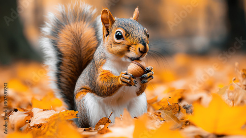 Close-up of a squirrel holding an acorn, with a background of scattered leaves