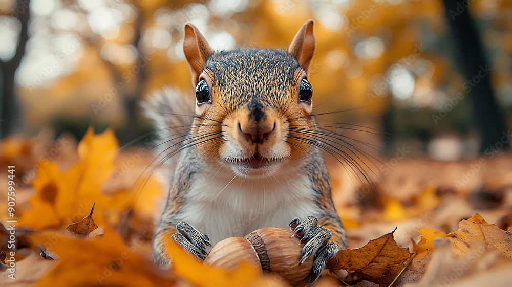 Detailed close-up of a squirrel's face with an acorn, autumn leaves backdrop Detailed close-up of a squirrel's face with an acorn, autumn leaves backdrop