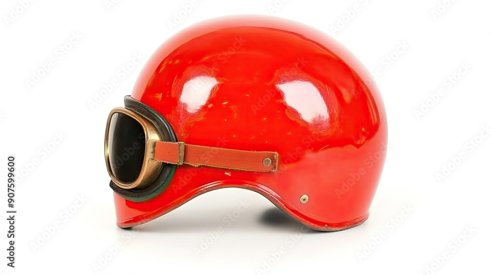 Fototapeta premium Vintage Red Motorcycle Helmet With Goggles Displayed On White Surface