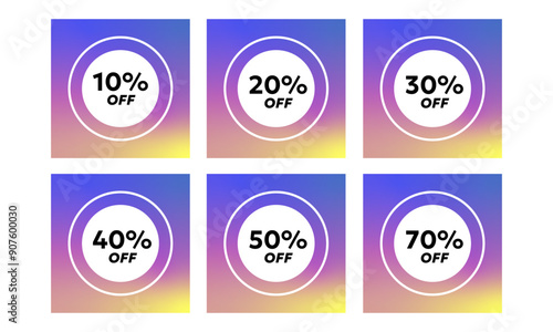 Special Offer Sale Tag. Discount 10, 20, 30, 40, 50, 70% Offer Price Sale tags collection on multicolor gradient background