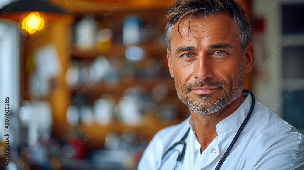 Fototapeta premium Confident male doctor in white coat with stethoscope, arms crossed, in a modern medical office